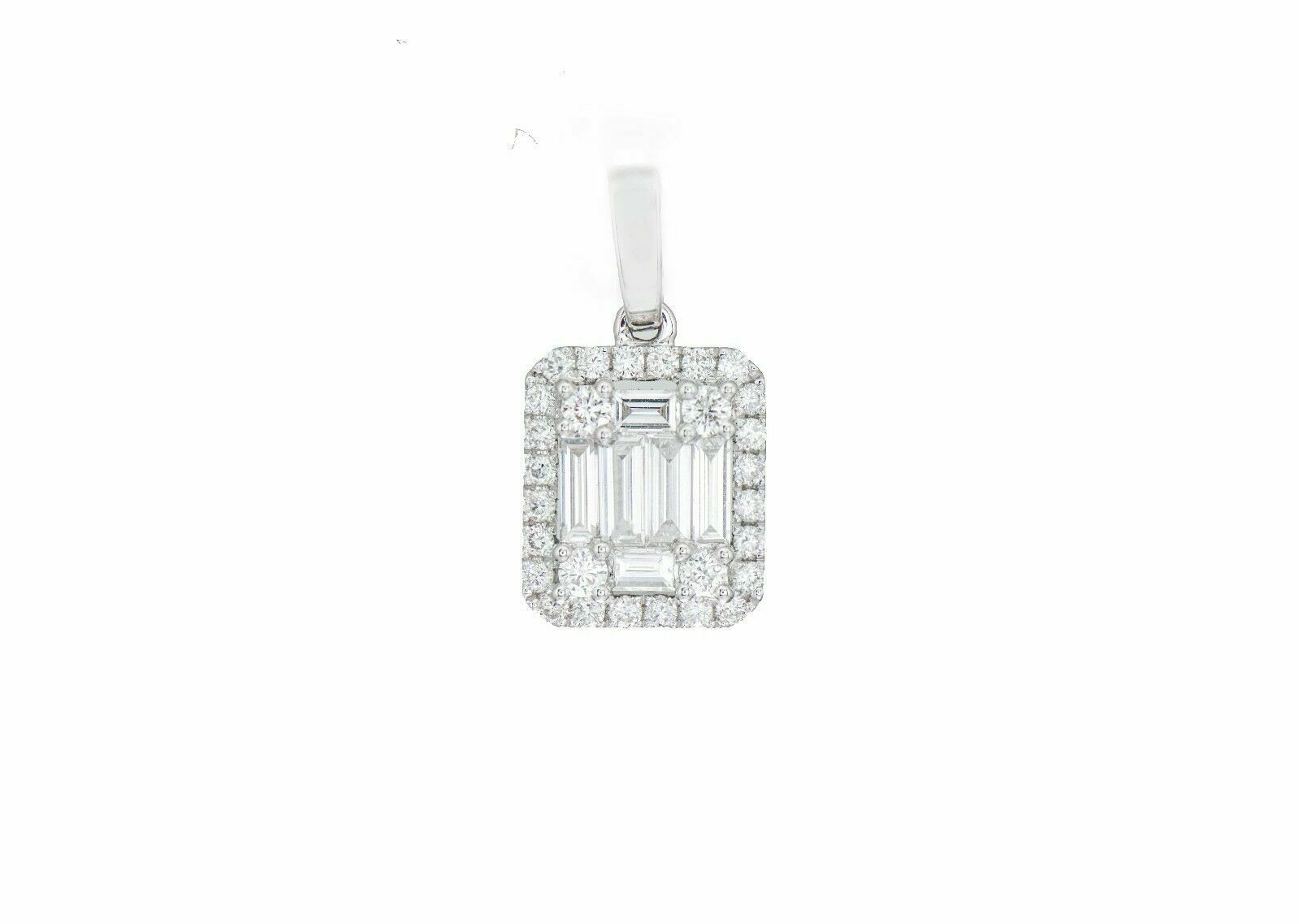 0.71 Carats Round and Baguette Diamond Pendant 18K White Gold 0.70 x 0.35 Inch