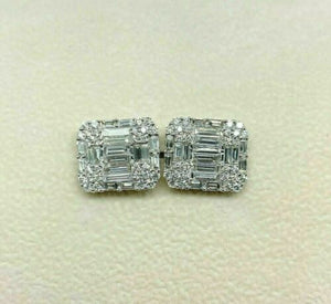 2.73 Carats Invisible Baguette and Round Diamond Stud Earrings 18K White Gold