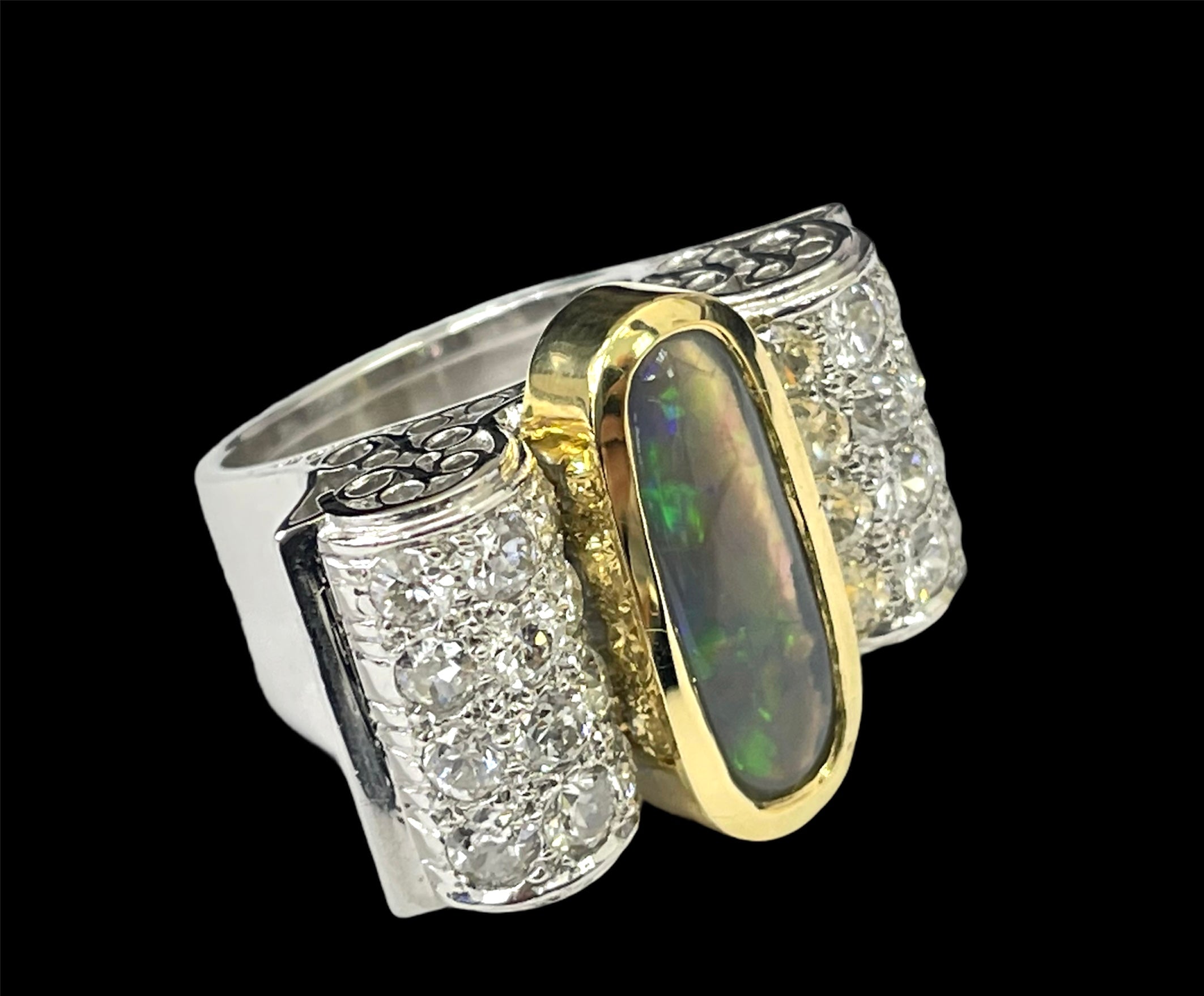 Opal and Round Brilliants Diamond Wide Ring Platinum