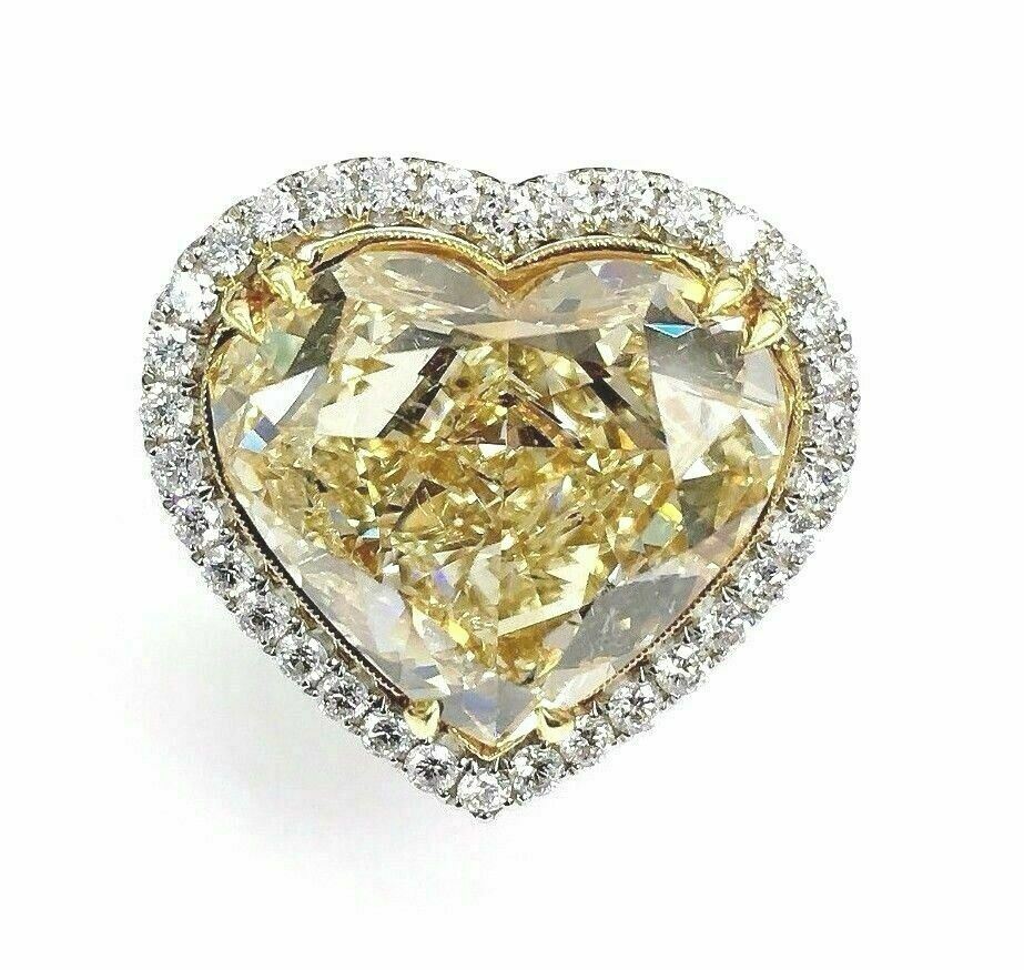 10.39Ct Center GIA Fancy Yellow Heart Shape & Diamond Halo Engagement Ring