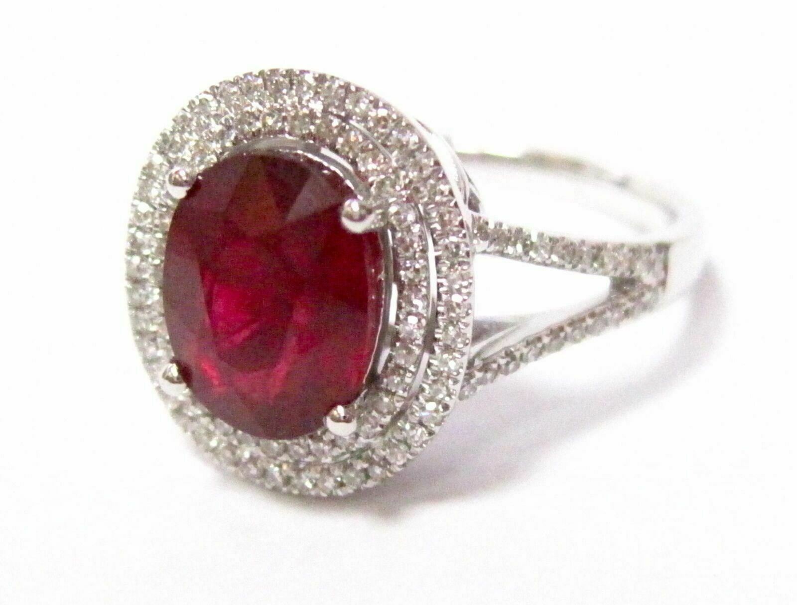 Fine Natural Oval Ruby Gem Diamond Ring 14kt White Gold