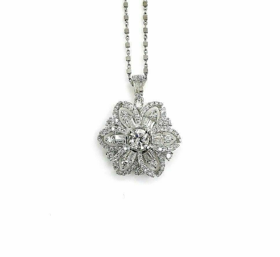 1.98 Carats Snowflake Diamond Pendant 18K White Gold w Chain 0.52 Carat Center