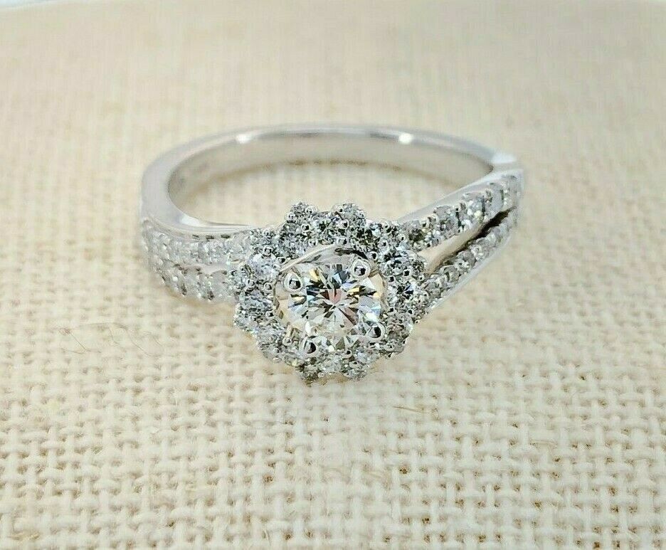 Fine 1.27 Carats t.w. Diamond Halo Bypass Wedding/Engagement Ring 14K Gold