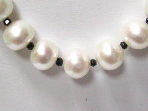 Fine 12mm White Pearl String Necklace with Spinel Gems 20 Inches 14k Yellow Gold