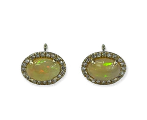 Opal Gem Stud Oval Diamond Earrings Yellow Gold 14kt