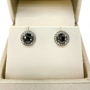 2.81 Carats Round Brilliant Cut and Black Diamonds Halo Stud Earrings 14K White