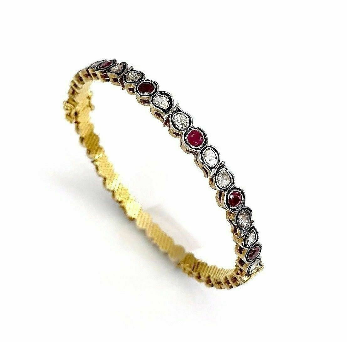 4.15 Cts Natural Rose Cut Diamond & Ruby Bangle/Bracelet 14k Gold and Silver