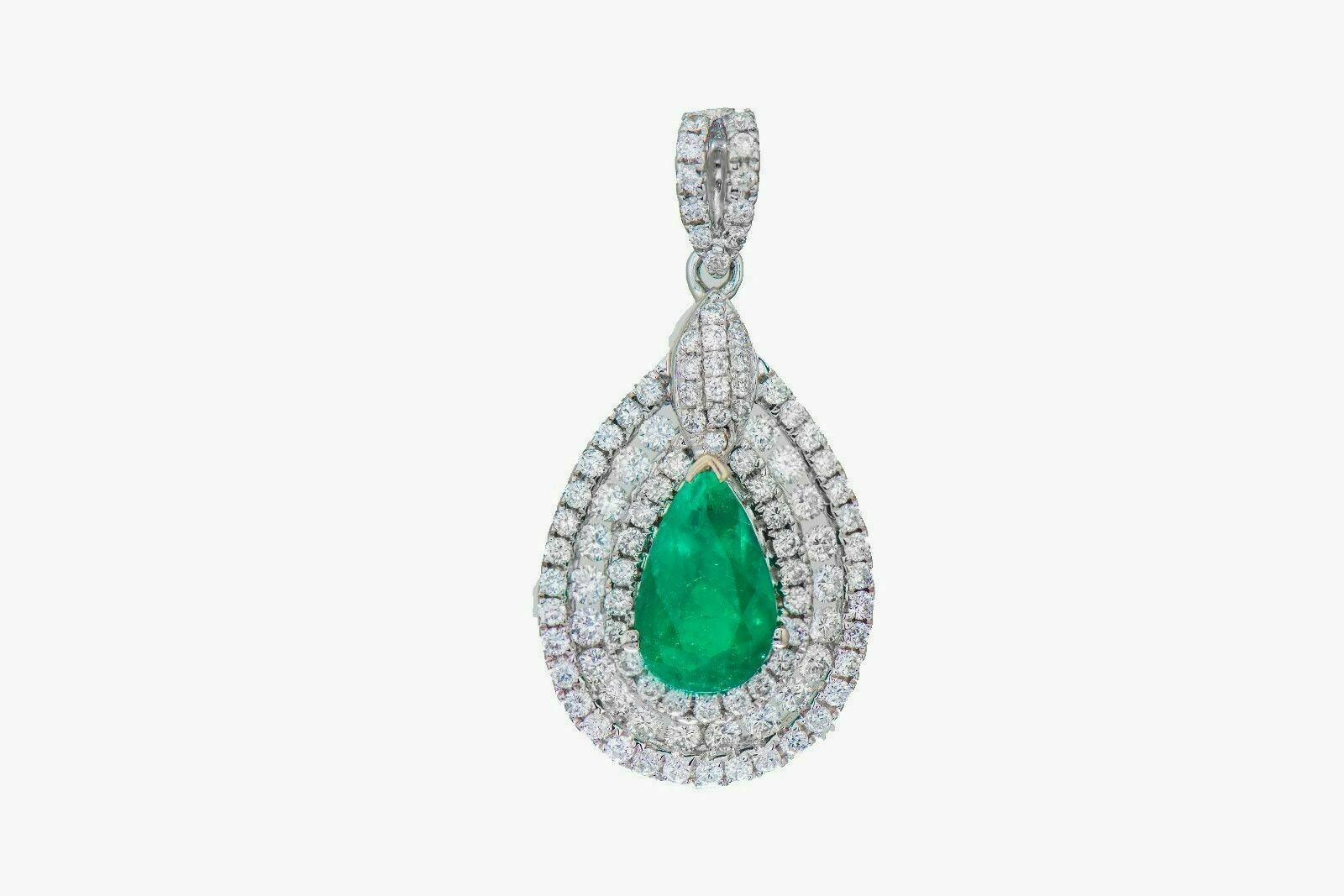 2.44 Carats t.w. Pear Colombian Emerald & Diamond Pendant 1.25 x 0.60 Inch