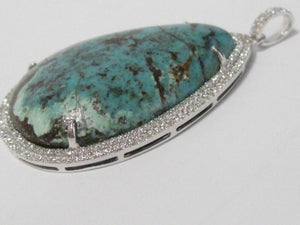 HUGE Pear-Shaped Turquoise with Side Diamonds Pendant 14K White Gold