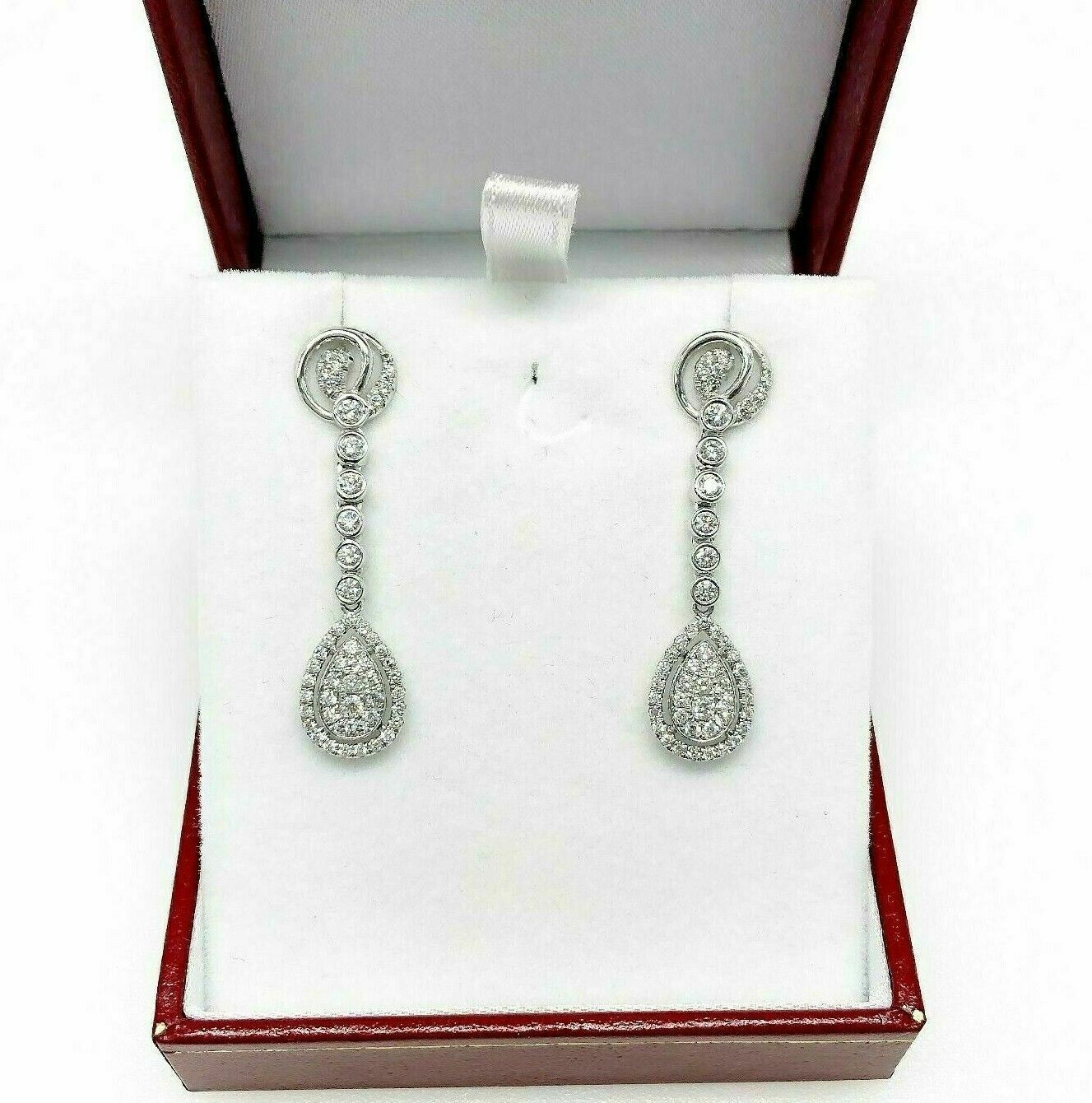 1.15 Carats t.w. Diamond Halo Dangle Earrings 18 Karat White Gold Brand New