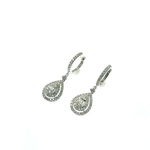 1.50 Carats Invisible Baguette and Round Diamond Halo Earrings 18K White Gold