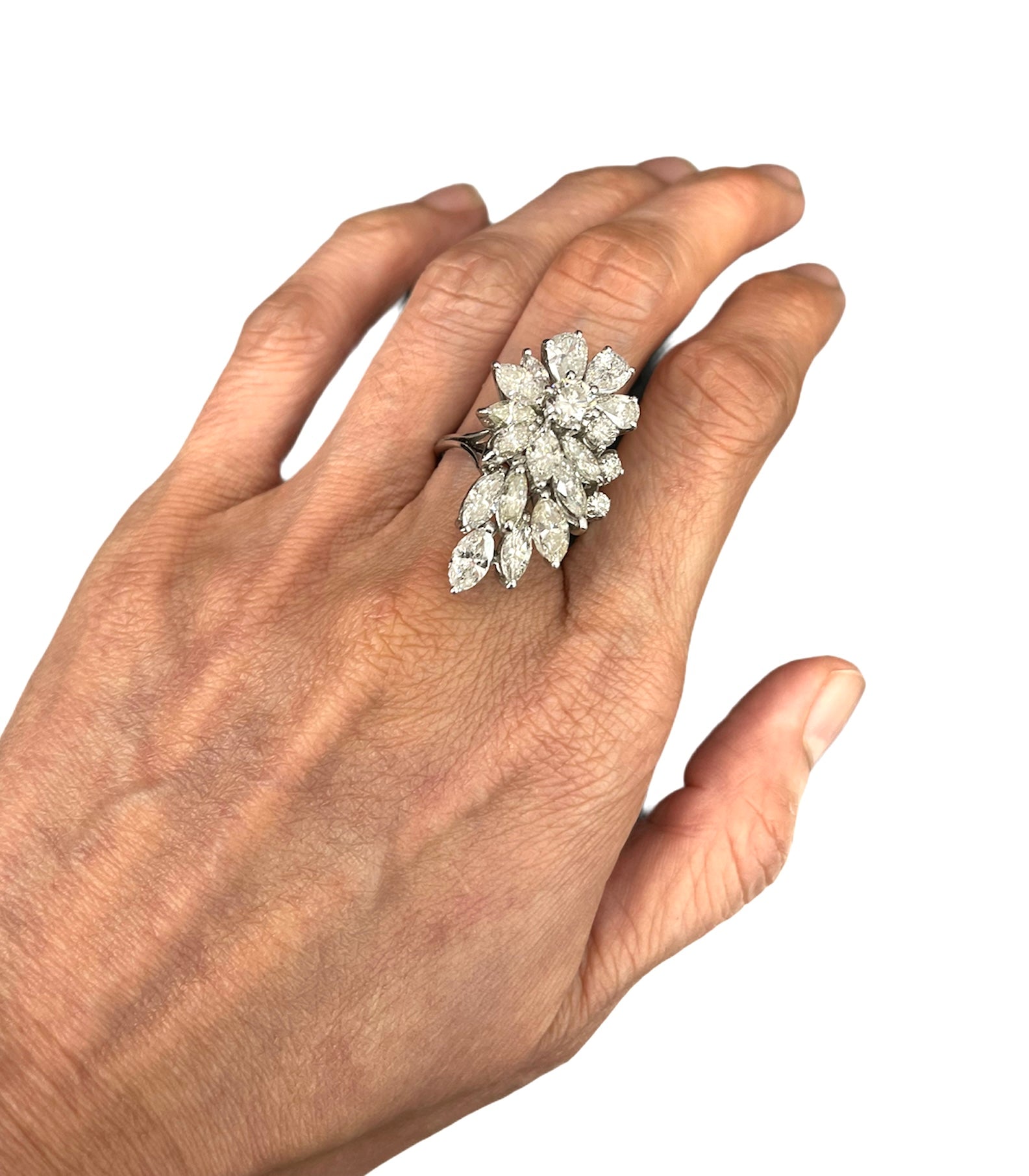 Multi Shaped Diamond Marquise, Pear and Round Cluster Diamond Ring White Gold
