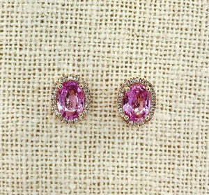 2.02 Carats t.w. Diamond and Pink Sapphire Oval Halo Earrings 14K Rose Gold