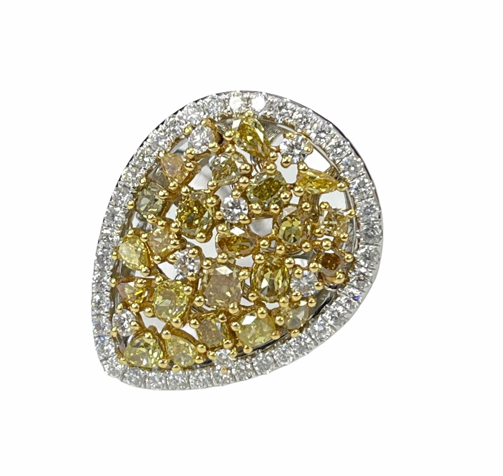 Yellow Diamond Ring Natural Round Brilliant Pear Shape Diamonds 14k White Gold