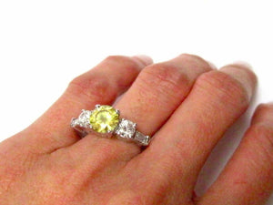 FINE Round Fancy Yellow Natural Diamond Engagement Ring 18kt White Gold