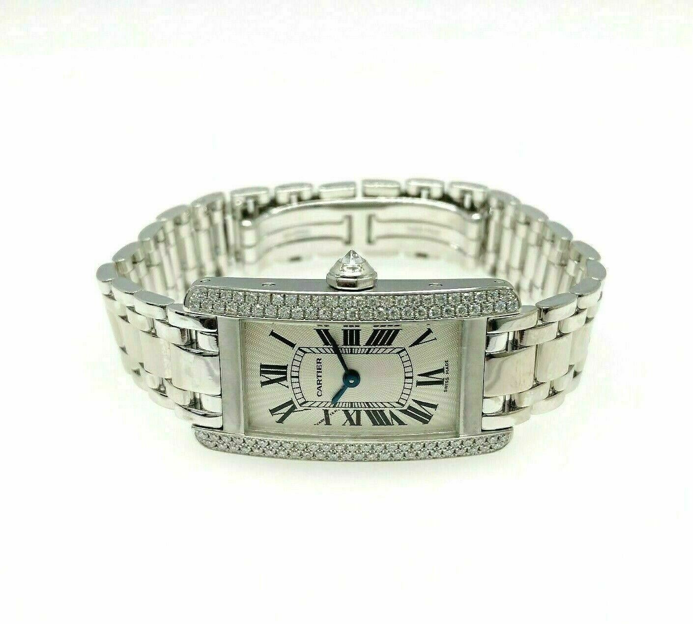 Womens Cartier Tank Americaine Factory Set Diamond Watch Solid 18K White Gold