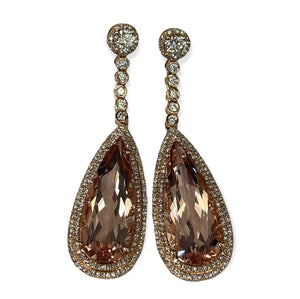 Morganite Gem 18.97 Carats Dangling Diamond Earrings Rose Gold 14kt